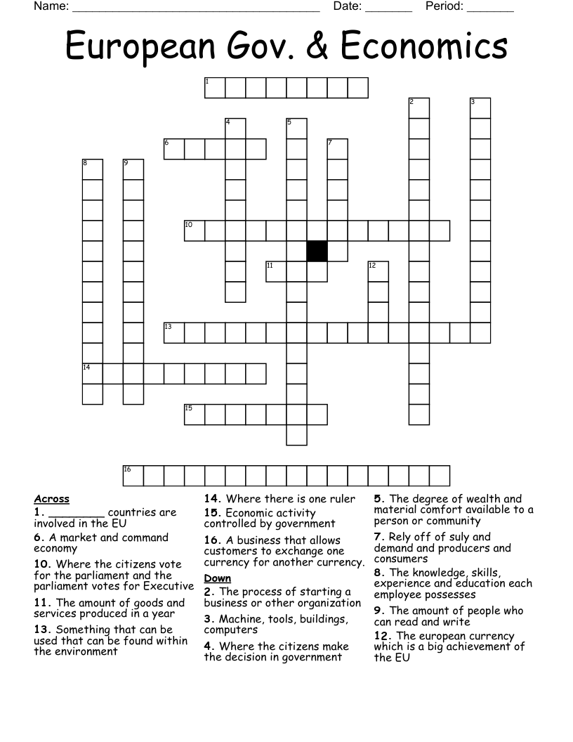 European Gov. &  Economics Crossword