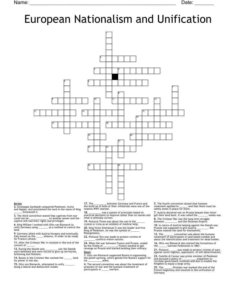 European Nationalism and Unification Crossword