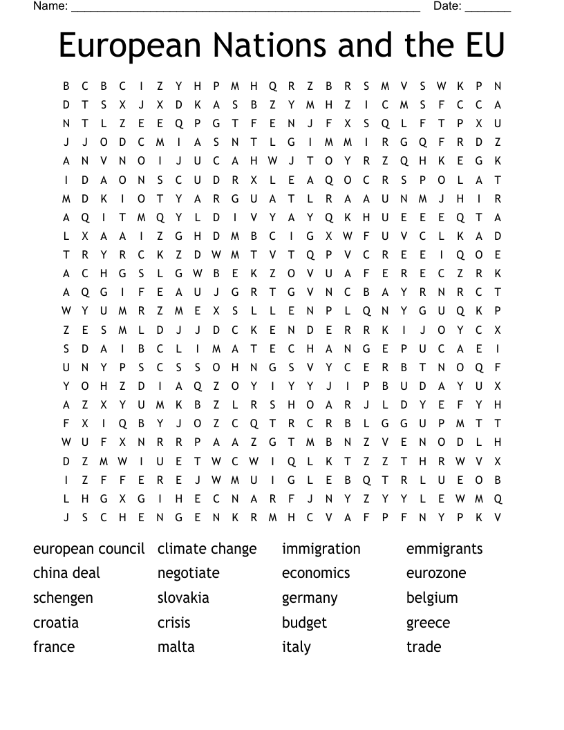 European Nations and the EU Word Search