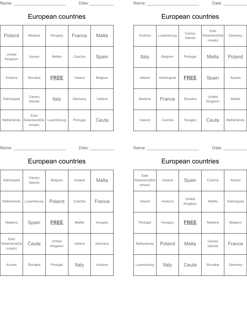 European countries Bingo Cards