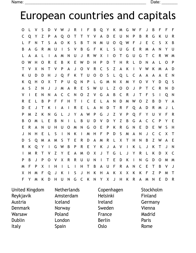 European countries and capitals Word Search