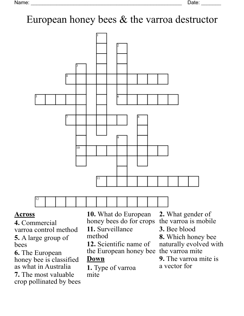 European honey bees &  the varroa destructor Crossword