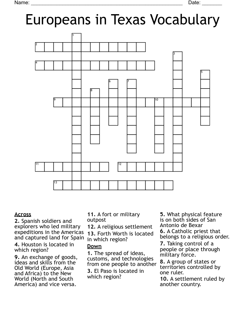 Europeans in Texas Vocabulary Crossword
