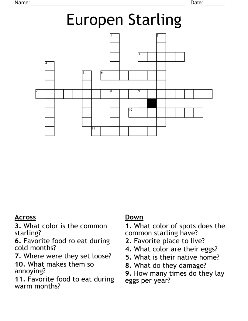 Europen Starling Crossword