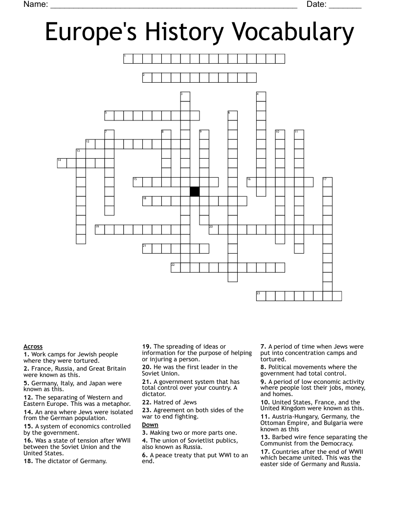 Europe's History Vocabulary Crossword