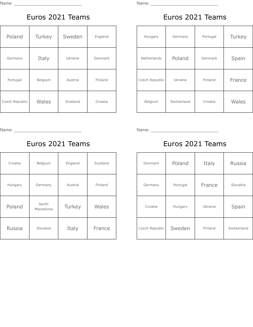 Euros 2021 Teams Bingo Cards