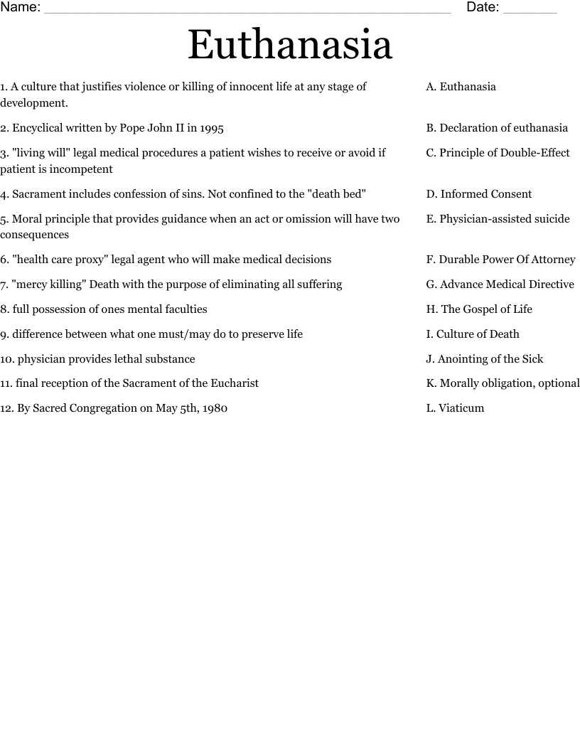 Euthanasia Worksheet