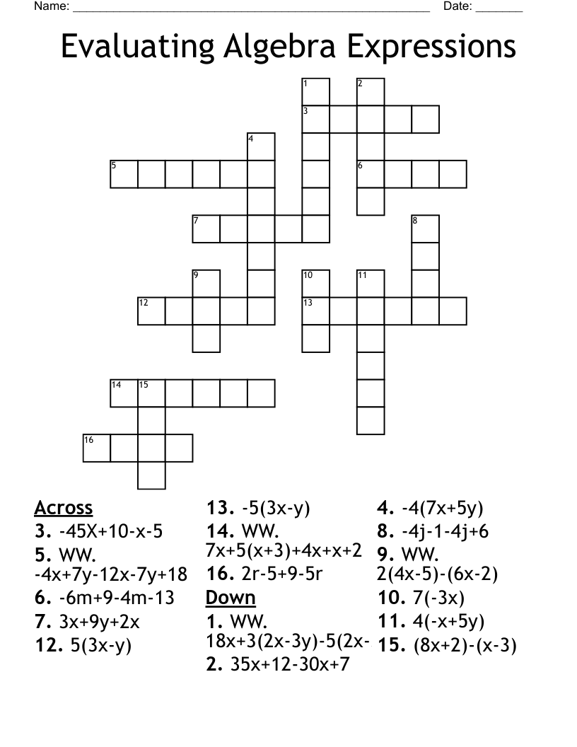 Evaluating Algebra Expressions Crossword