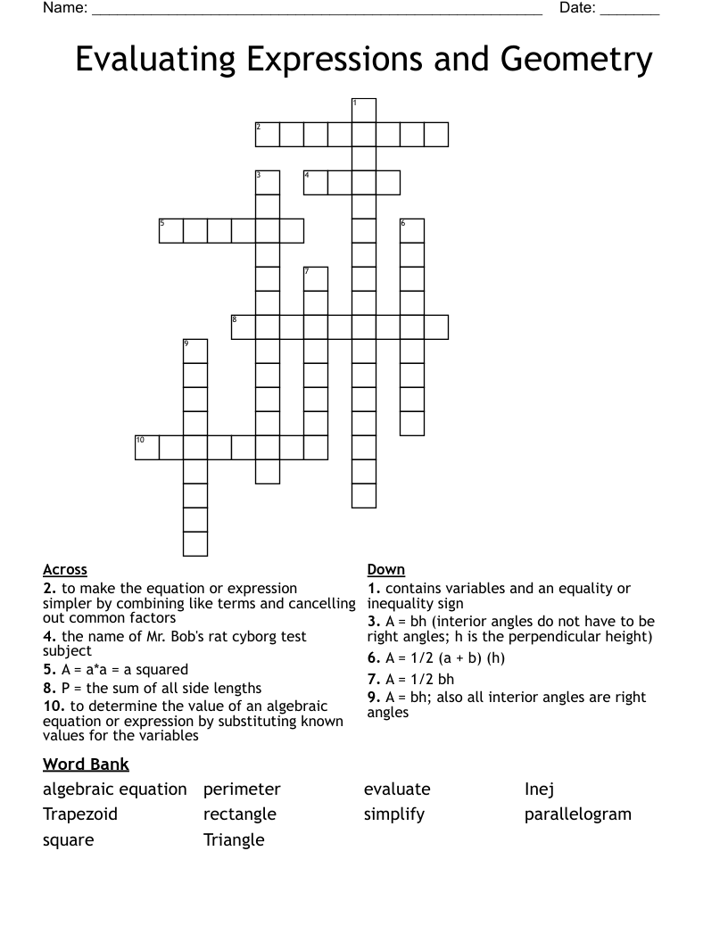 Evaluating Expressions and Geometry Crossword