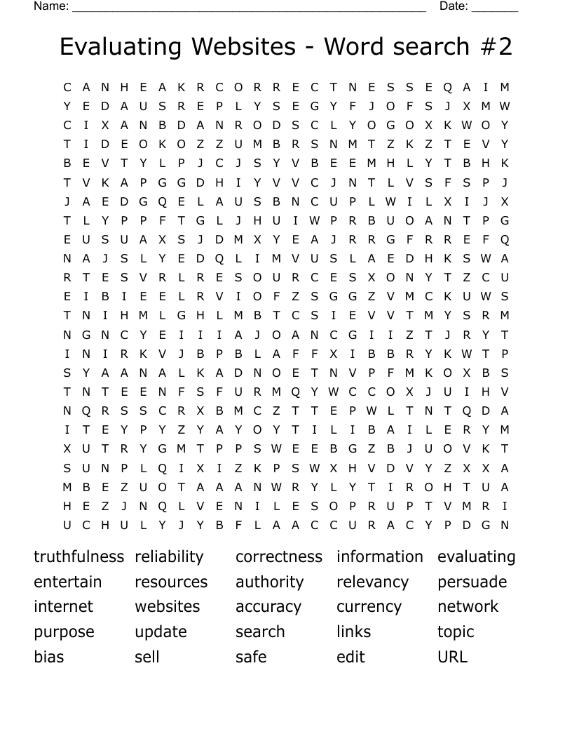 Evaluating Websites - Word search #2