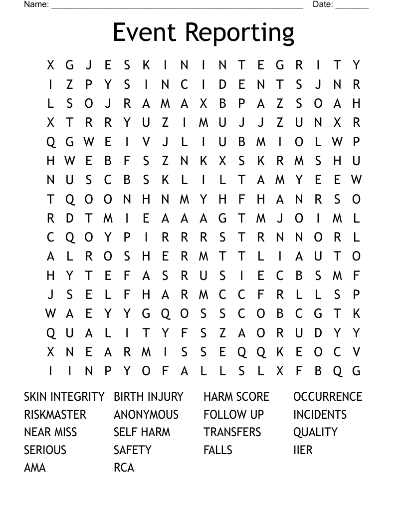 Event Reporting Word Search