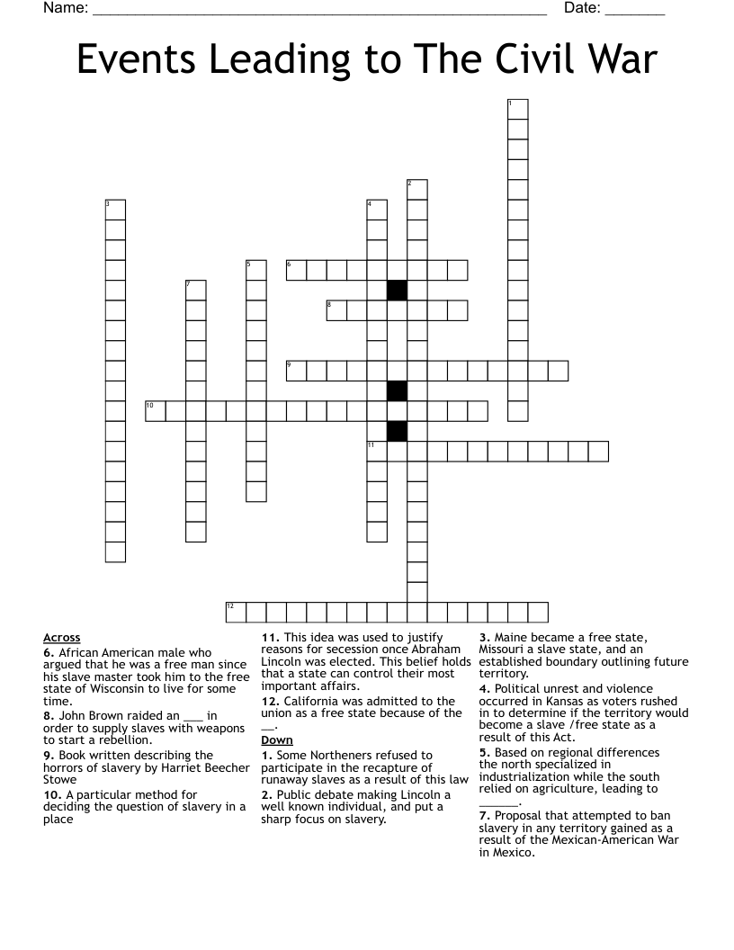 Events Leading to The Civil War Crossword