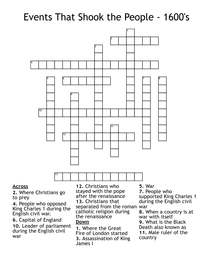 Events That Shook the People - 1600's  Crossword
