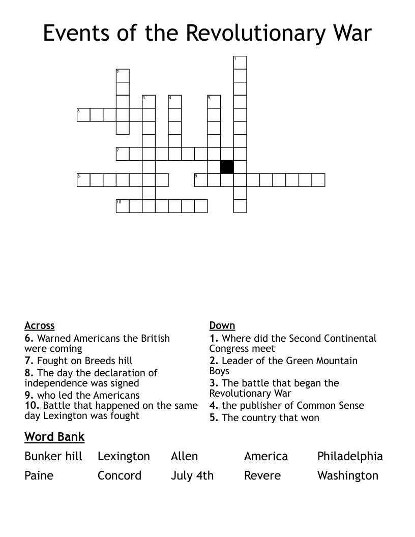 Events of the Revolutionary War Crossword