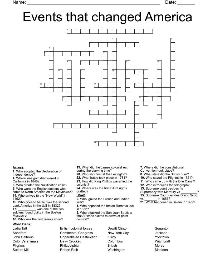 Events that changed America Crossword