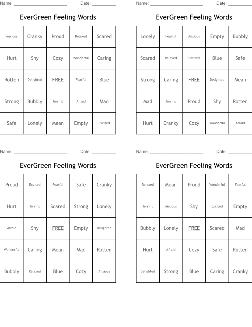 EverGreen Feeling Words Bingo Cards