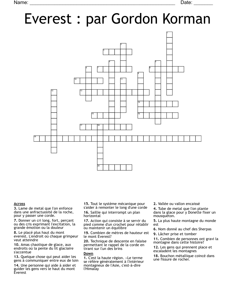 Everest : par Gordon Korman Crossword