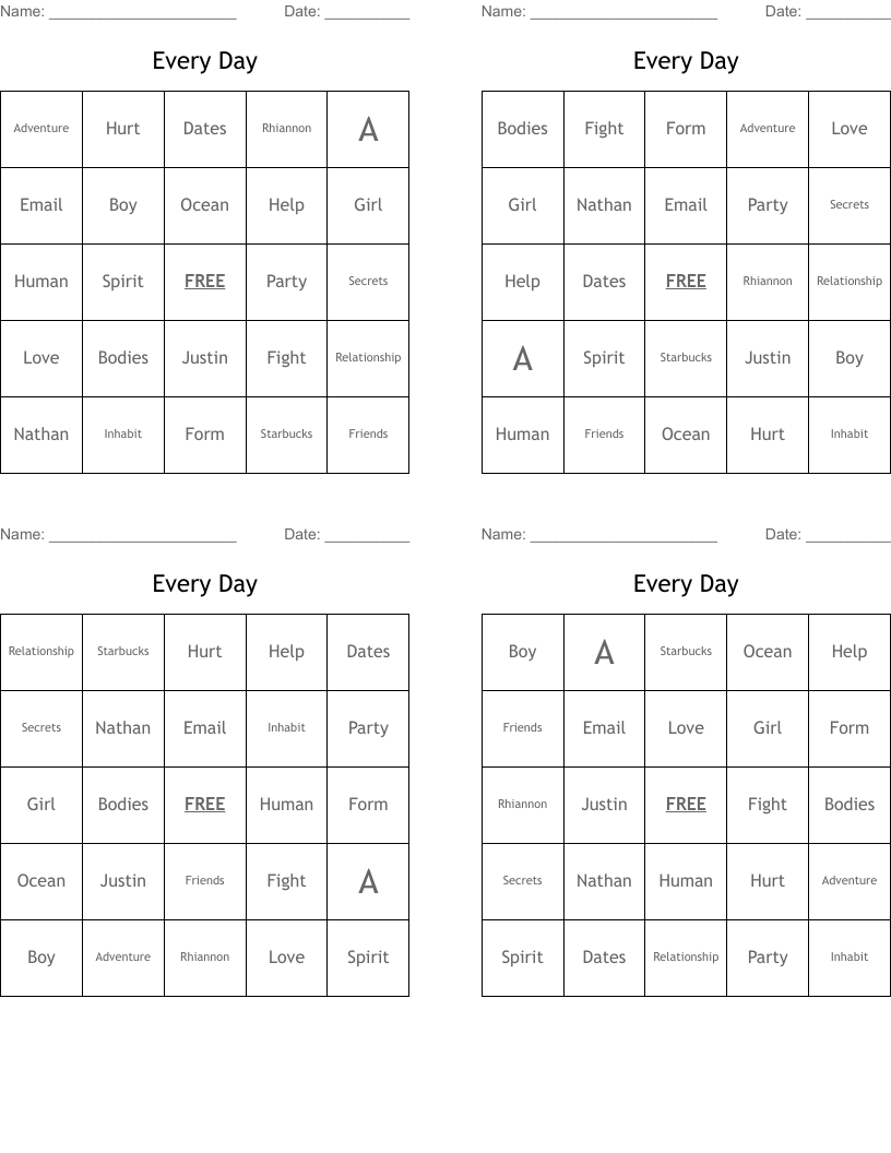 Every Day Bingo Cards