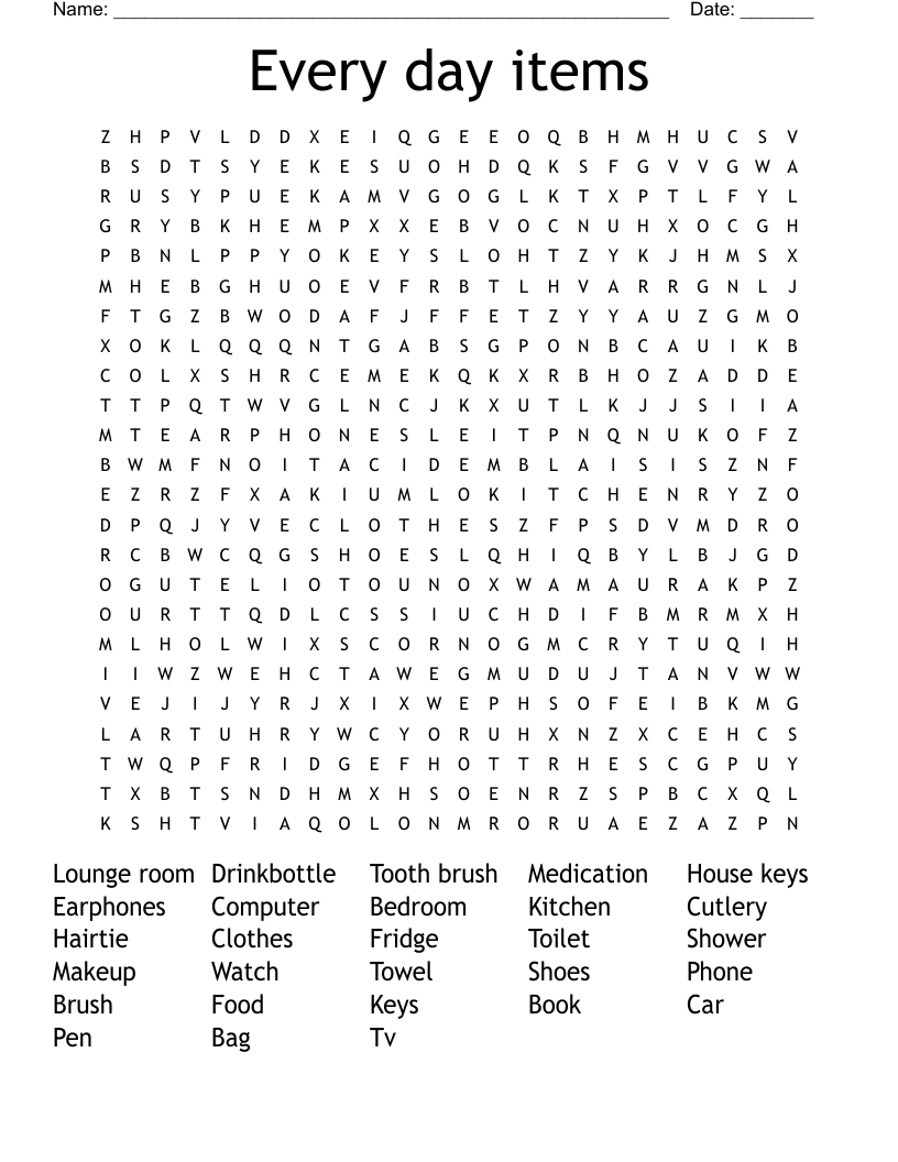 Every day items Word Search