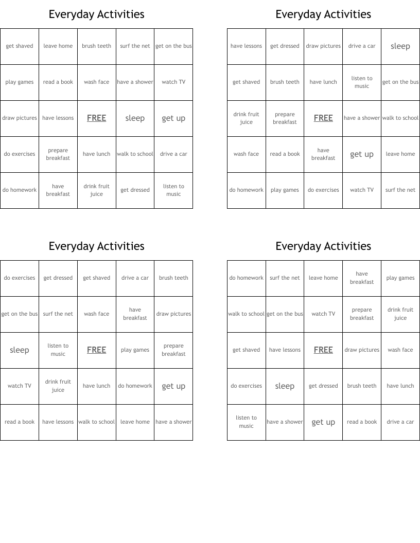 Everyday Activities Bingo Cards