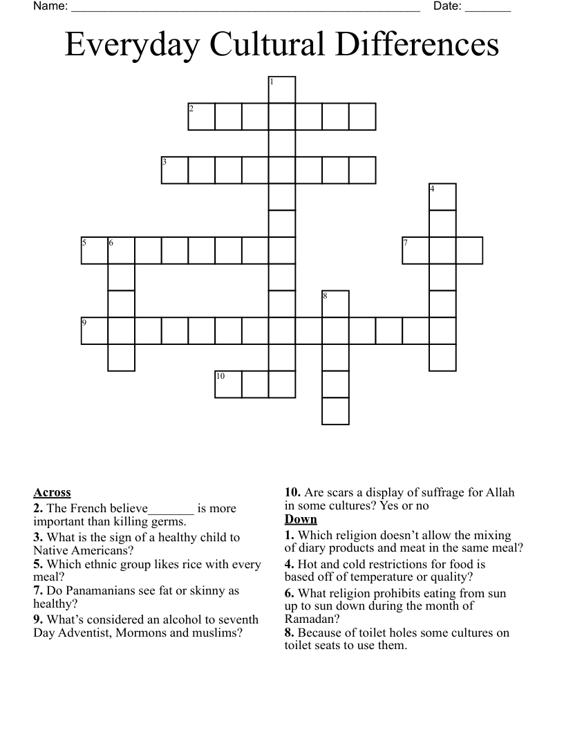 Everyday Cultural Differences Crossword