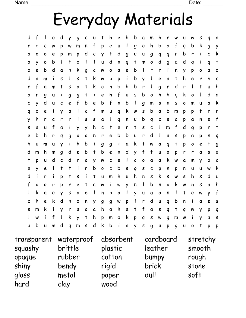 Everyday Materials Word Search
