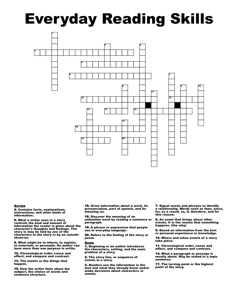 Everyday Reading Skills Crossword