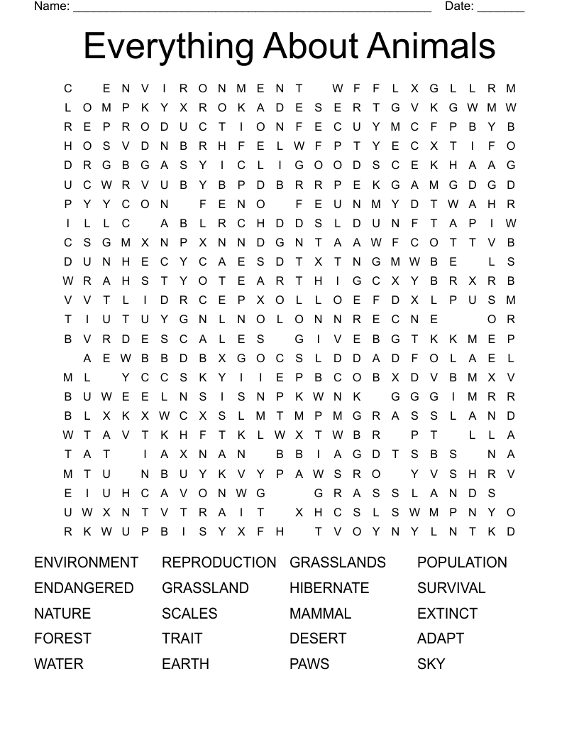 Everything About Animals Word Search