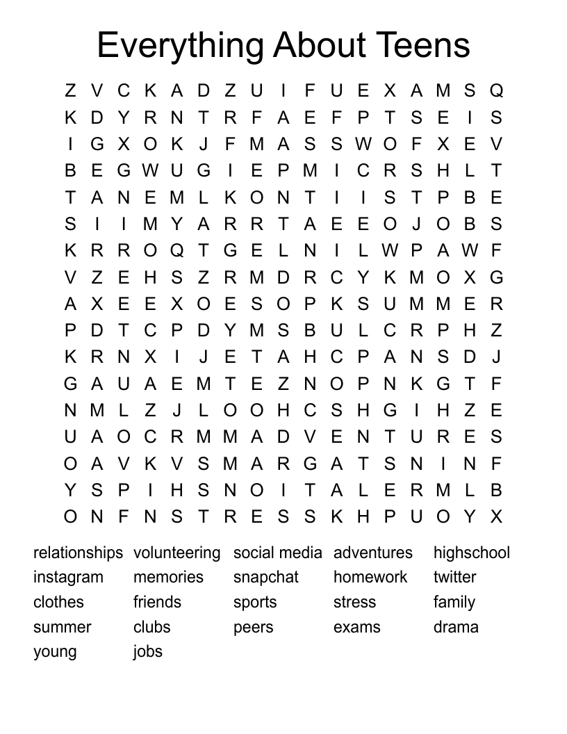 Everything About Teens Word Search