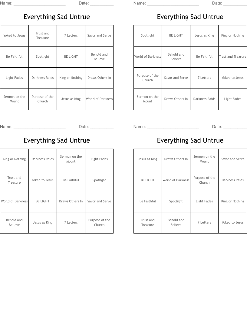 Everything Sad Untrue Bingo Cards