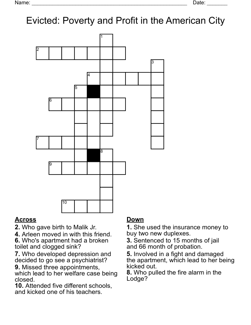 Evicted: Poverty and Profit in the American City Crossword