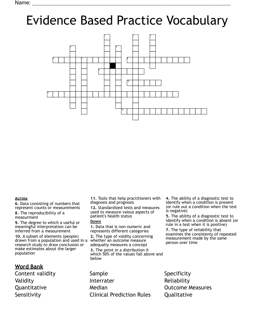 Evidence Based Practice Vocabulary Crossword