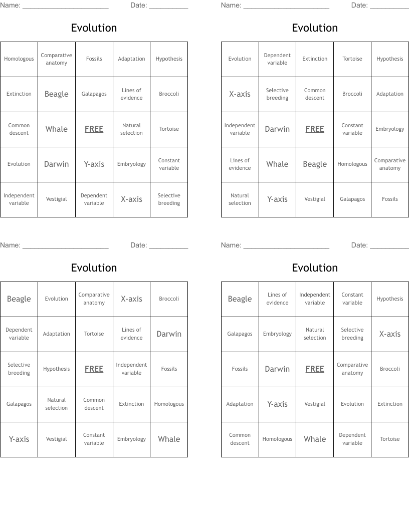 Evolution Bingo Cards