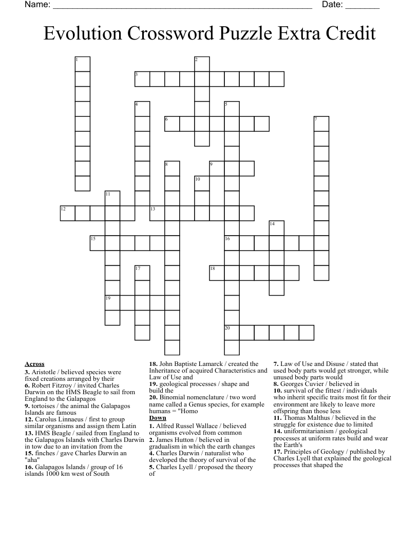 Evolution Crossword Puzzle Extra Credit