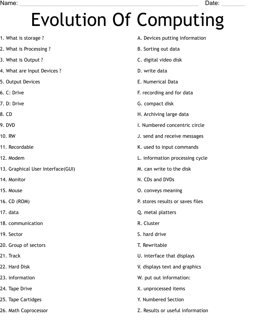 Evolution Of Computing   Worksheet
