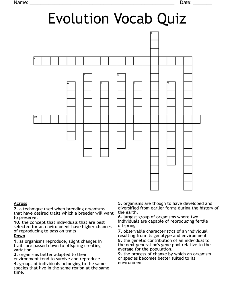 Evolution Vocab Quiz Crossword