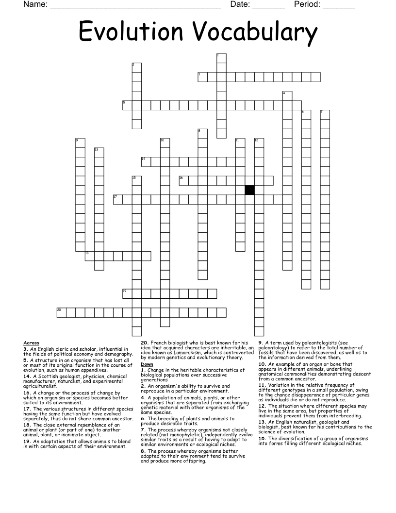 Evolution Vocabulary Crossword