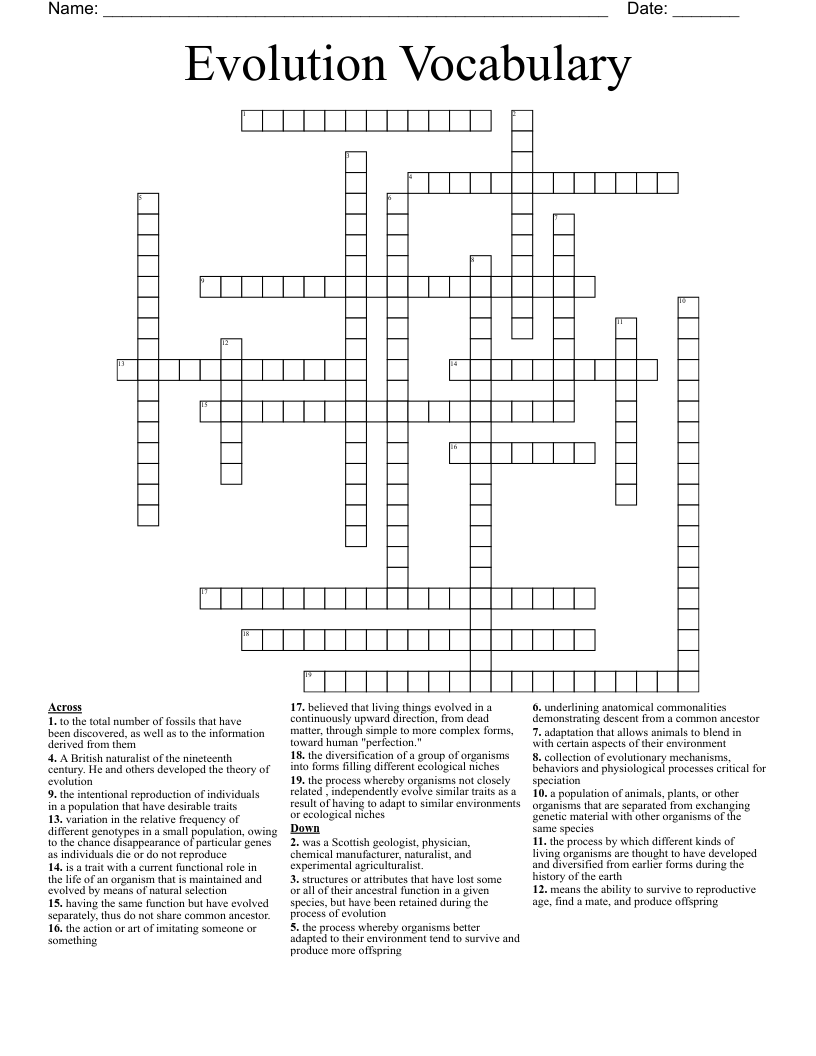 Evolution Vocabulary Crossword