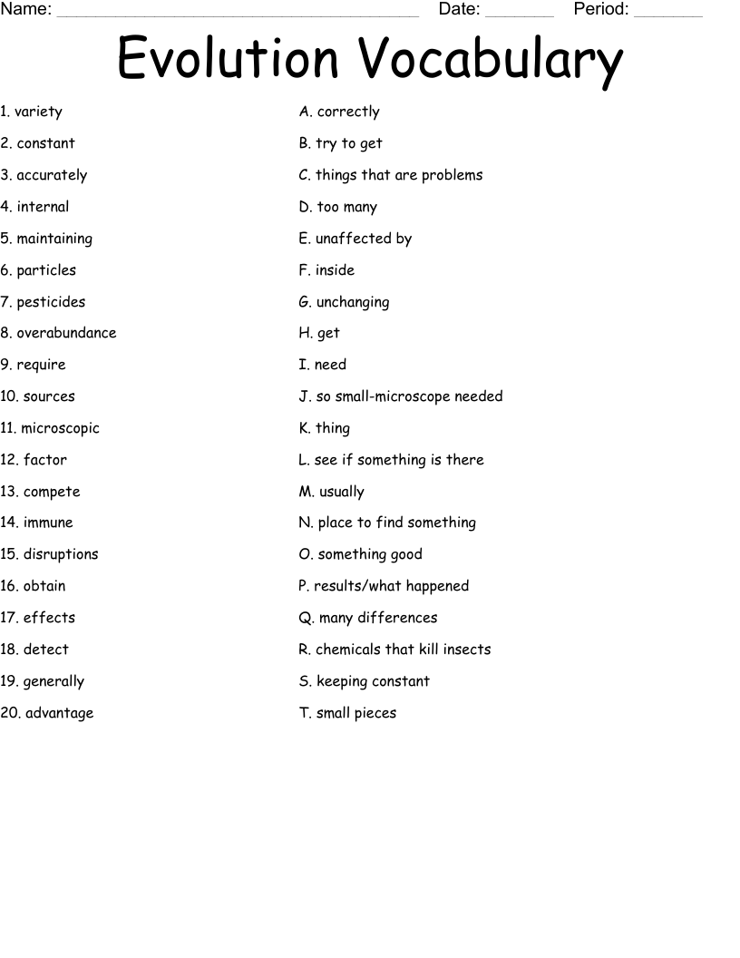 Evolution Vocabulary Worksheet