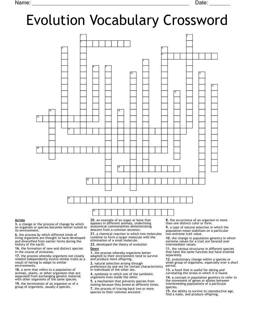 Evolution Vocabulary Crossword
