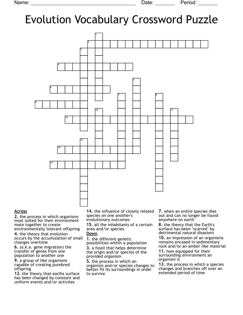 Evolution Vocabulary Crossword Puzzle