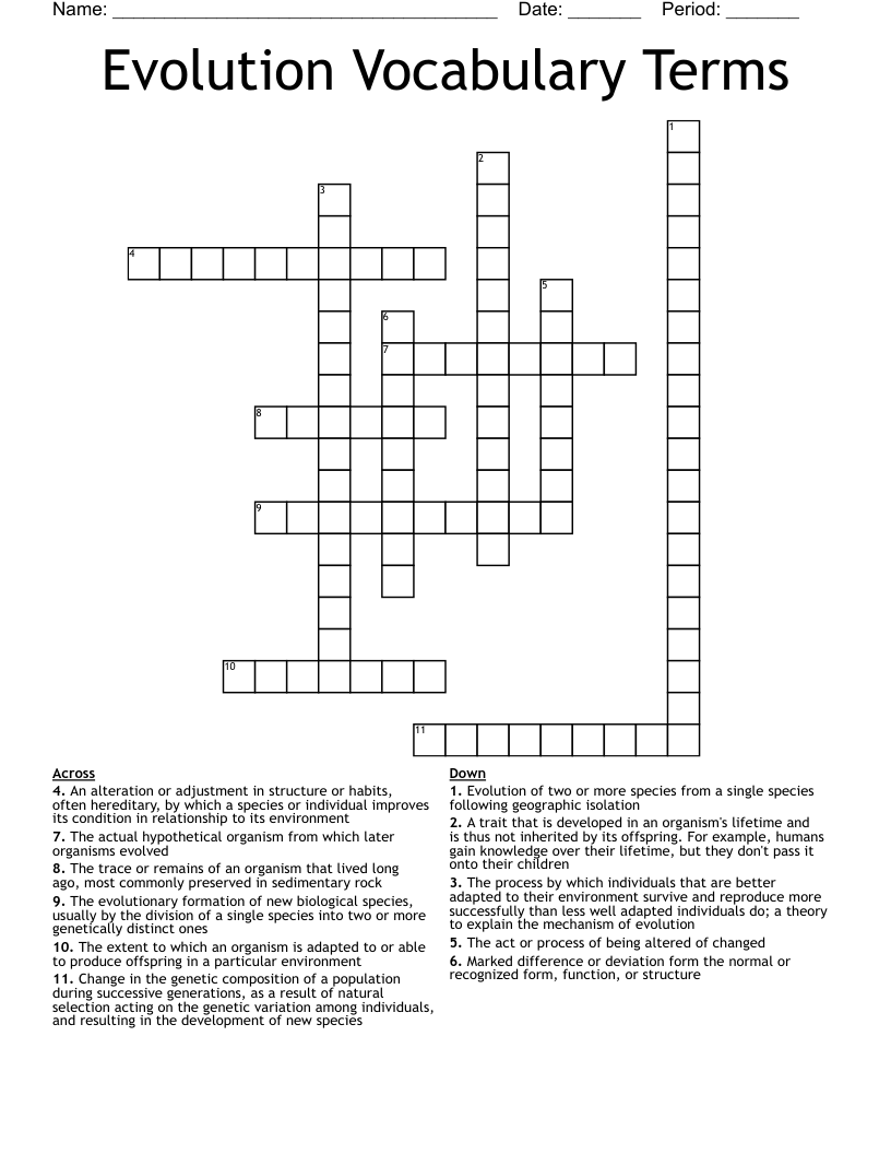 Evolution Vocabulary Terms Crossword
