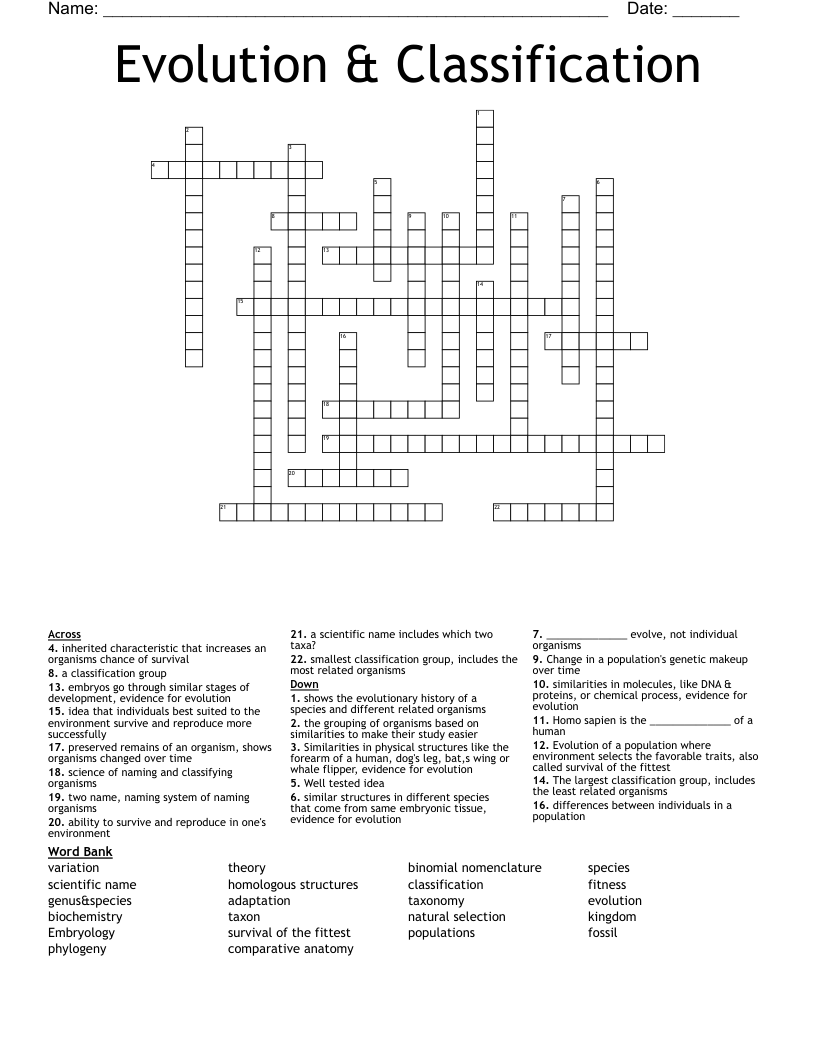 Evolution & Classification Crossword
