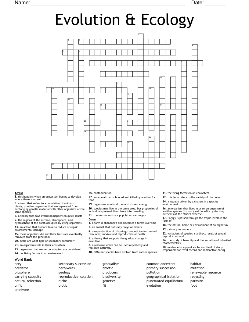 Evolution & Ecology Crossword
