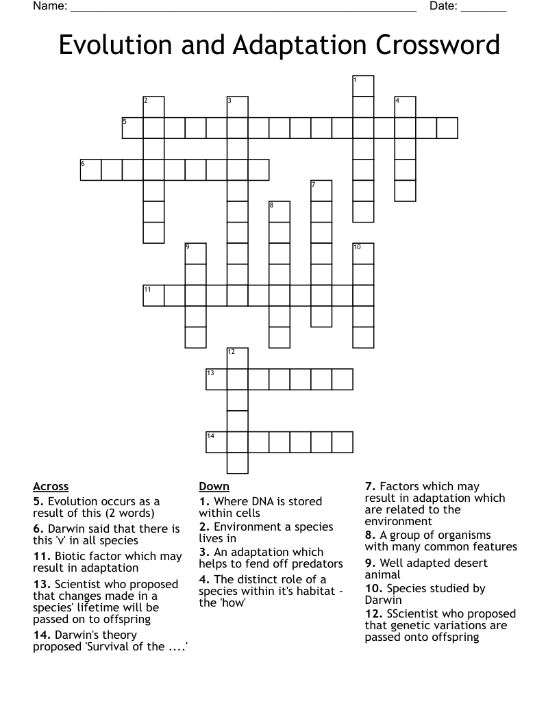 Evolution and Adaptation Crossword