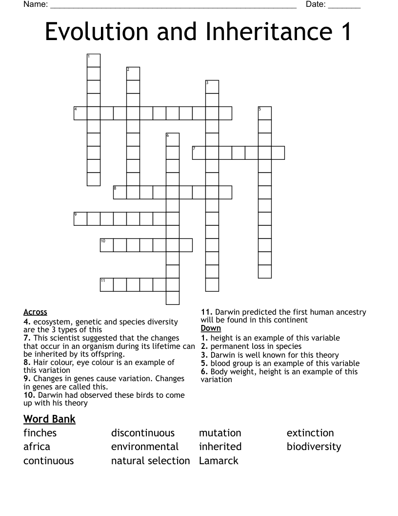 Evolution and Inheritance 1 Crossword