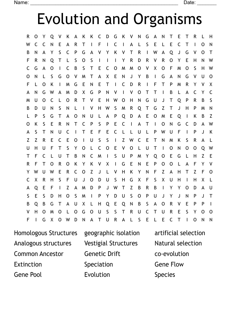 Evolution and Organisms Word Search