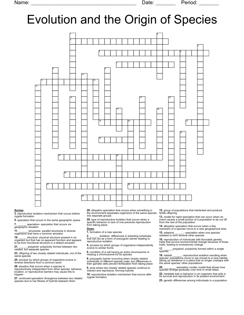Evolution and the Origin of Species  Crossword