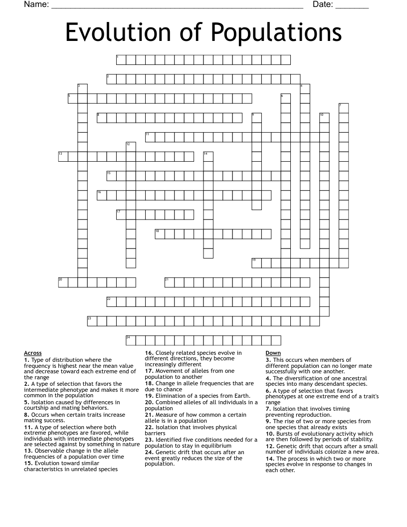 Evolution of Populations Crossword