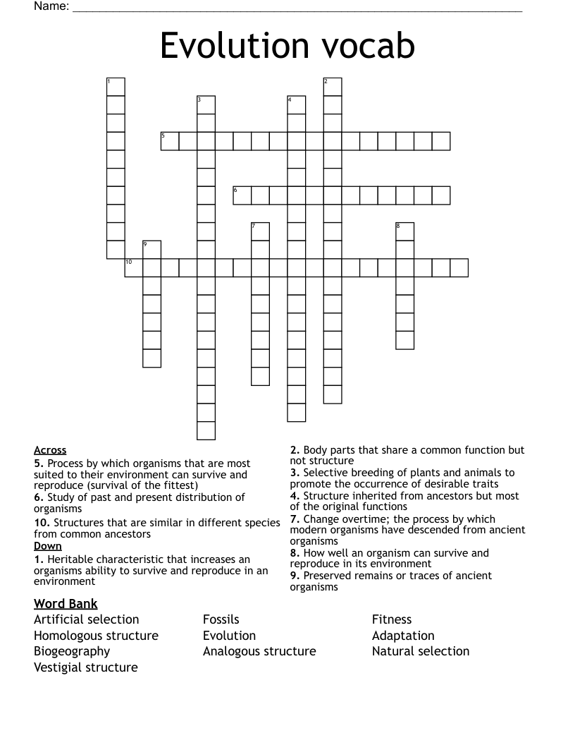 Evolution vocab Crossword